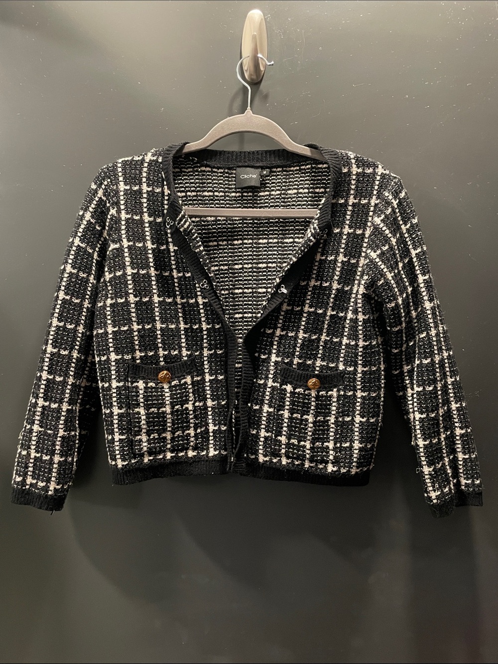 Classic Black & White Checked Tweed Cropped Blazer